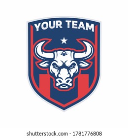 Soccer Football logo with Bull head mascot. Buffalo logo vector, bull head vector, esport bull angry vector flat logo