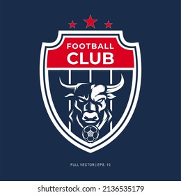 Soccer Football logo with Bull head mascot. Buffalo logo vector, bull head vector, esport bull angry vector flat logo