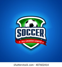 Soccer, football logo. Green, red and dark blue soccer football badge logo design template, sport logotype template. Soccer Themed T shirt. Football logo. Vector illustration.