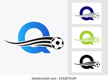 Soccer Football Logo On Letter Q Sign. Soccer Club Emblem Concept Of Football Team Icon 