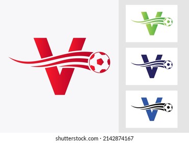 Soccer Football Logo On Letter V Sign. Soccer Club Emblem Concept Of Football Team Icon 