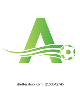 Soccer Football Logo On Letter A Sign. Soccer Club Emblem Concept Of Football Team Icon