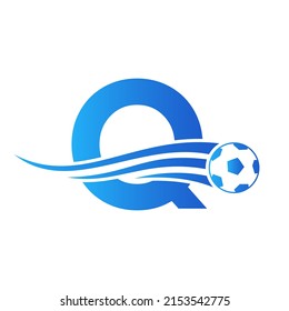Soccer Football Logo On Letter Q Sign. Soccer Club Emblem Concept Of Football Team Icon