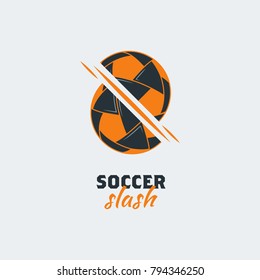 Soccer Football Logo Template. Modern Sport Ball Emblem with Slashing Ball Design on a Light Background