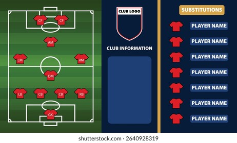 Soccer or football match lineup formation infographic. A set showing player positions on the field, with flat design icons of football kits or jerseys. Vector illustration.