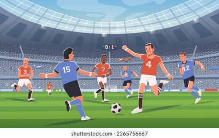 Soccer. Football match, players play ball in the stadium. Goal. Team game, athletes fight for the ball on the field. Olympic sport. Vector illustration in flat style