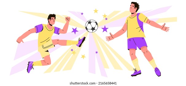 Soccer or football match tournament backdrop with male players. Football championship and sport match banner or flyer layout, flat cartoon vector illustration isolated on white background.