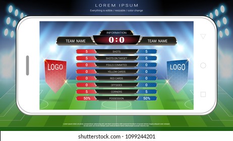 Soccer football mobile live, Scoreboard team A vs team B and global stats broadcast graphic soccer template, For your presentation of the match results (EPS10 vector fully editable and color change)