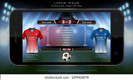 Soccer football mobile live, Scoreboard team A vs team B and global stats broadcast graphic soccer template, For your presentation of the match results (EPS10 vector fully editable and color change)