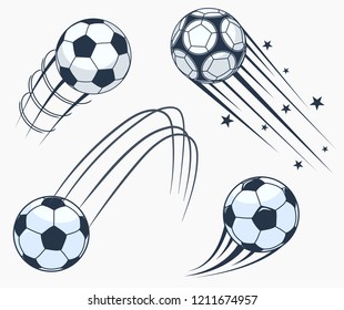 Soccer football moving swoosh elements, ball with motion trails, dynamic sport sign, sporting emblems design. Vector