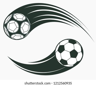 Soccer football moving swoosh elements, ball with motion trails, dynamic sport sign, sporting emblems design. Vector