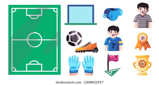 Soccer football object collection icon set cartoon shoes whistle field trophy flag jersey ball and referee championship match player