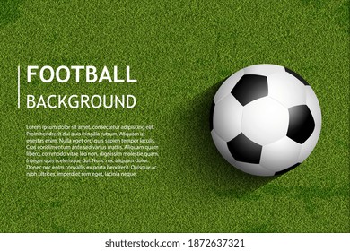 Soccer or football on the field. Sport background with copy space. Football field poster template.Football sport game tournament match banner with soccer ball on green grass.Vector illustration EPS 10