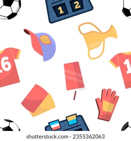 soccer football pattern. cartoon set of isolated objects, sports equipment, ball cup, tshirt, scoreboard, mittens, uniform. vector cartoon footbal competition activity seamless pattern.