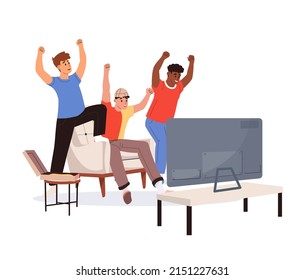 Soccer or football people fans celebrate goal on white background. Cartoon young happy fans characters watching the live broadcast of the match on TV and supporting national team. Vector illustration.