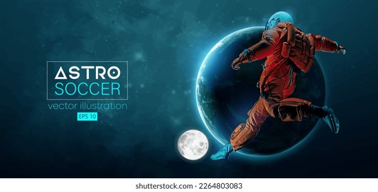 Soccer football player astronaut in space action and Earth, Moon planets on the background of the space. Vector illustration