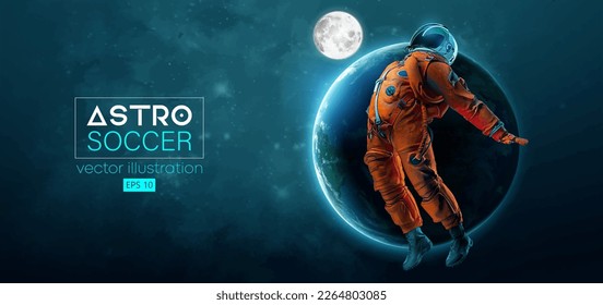 Soccer football player astronaut in space action and Earth, Moon planets on the background of the space. Vector illustration