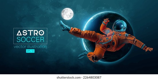 Soccer football player astronaut in space action and Earth, Moon planets on the background of the space. Vector illustration