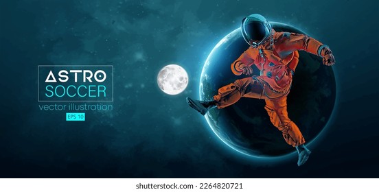 Soccer football player astronaut in space action and Earth, Moon planets on the background of the space. Vector illustration