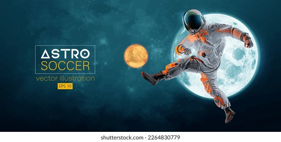 Soccer football player astronaut in space action and Moon, Mars planets on the background of the space. Vector illustration