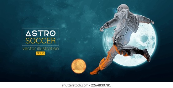 Soccer football player astronaut in space action and Moon, Mars planets on the background of the space. Vector illustration