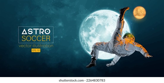 Soccer football player astronaut in space action and Moon, Mars planets on the background of the space. Vector illustration