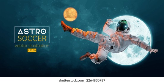 Soccer football player astronaut in space action and Moon, Mars planets on the background of the space. Vector illustration