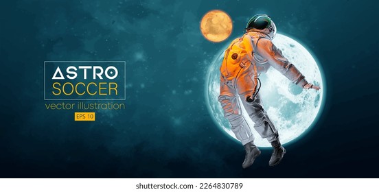 Soccer football player astronaut in space action and Moon, Mars planets on the background of the space. Vector illustration