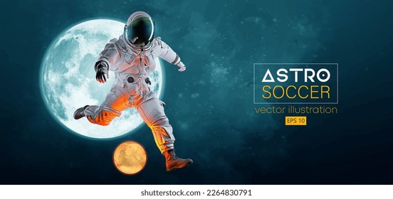 Soccer football player astronaut in space action and Moon, Mars planets on the background of the space. Vector illustration