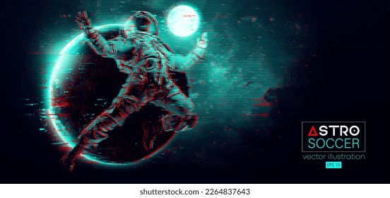 Soccer football player astronaut in space action and planets on the background of the space. Vector illustration