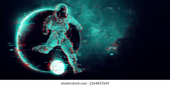 Soccer football player astronaut in space action and planets on the background of the space. Vector illustration