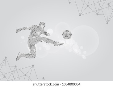 Soccer football player with ball on gray background, connecting dots and lines. Light connection structure. Low poly vector background.