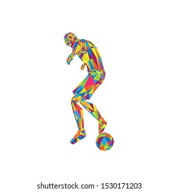 Soccer Football Player with ball, spin pose, low poly background vectorv