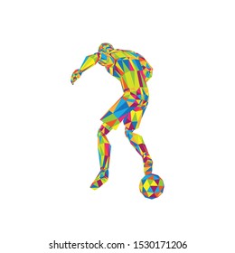 Soccer Football Player with ball, spin pose, low poly background vectorv