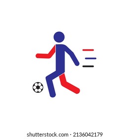 Soccer Football Player With Ball Vector Illustration. Stick Figure Playing Football. Dribbling Animation. Posture Flat Stickman. People Icon Vector On White Background