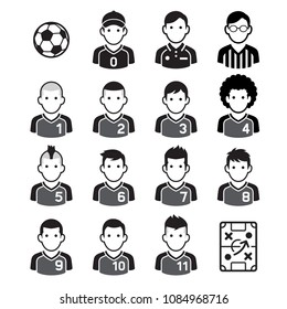 Soccer football player black icons. Vector illustrations.