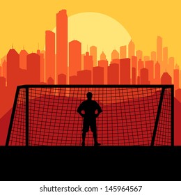 Soccer football player goalkeeper silhouette vector background in front of city