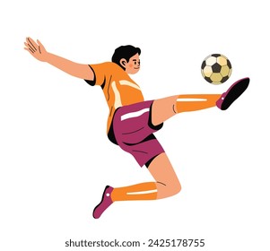 Soccer or football player hitting ball. Isolated sportsman character in uniform on field. Footballer training and practicing for match. Sports game and entertainment or hobbies. Vector in flat style