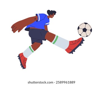 Soccer or football player hitting ball, flat cartoon vector illustration. Isolated sportsman character in uniform on field, training and practicing for match. Sports game and entertainment or hobbies