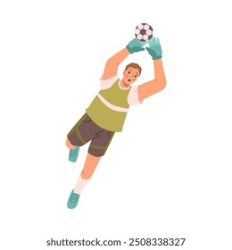 Soccer football player jump with ball in hands, flat cartoon character. Vector sportsman with ball, male person playing sport game. Athlete goal and kick, running guy competition sport workout