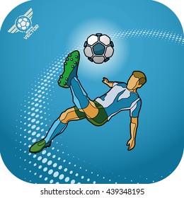 Soccer (Football) player in a jump on a ball hit his foot. Stylized cartoon with the contour. eps8