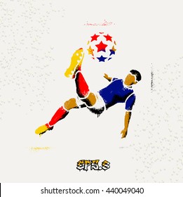 Soccer (Football) player in a jump on a ball hit his foot.Color stencil on the wall. Streetart. eps8