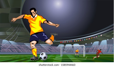 soccer or football player is kicking ball on stadium