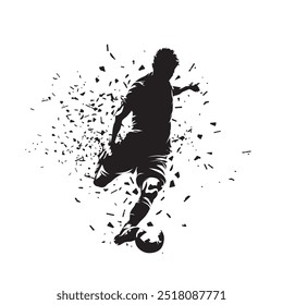 Fútbol, jugador de fútbol pateando la pelota, futbolista dispara y anota un gol, silueta de Vector aislada, dibujo de tinta, vista frontal