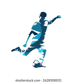 Futebol, jogador de futebol chutando bola, abstrato azul isolado vetor silhueta. Equipe de esportes clip art