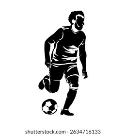 Soccer, football player kicking ball, footballer shoots and scores a goal, a player selebrating the victory isolated vector black silhouette