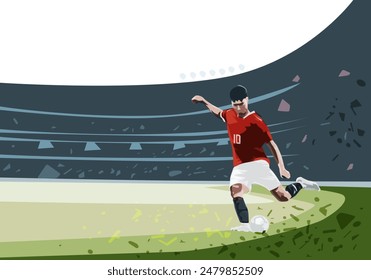 Fußball, Fußballer kickt Ball im Fußballstadion, flache Design-Vektorillustration