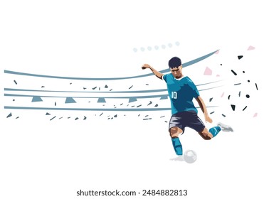 Soccer, football player kicks ball in football stadium, flat design vector illustration