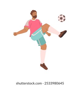 Jogador de futebol chuta bola de futebol personagem de desenho animado plano jogando esporte jogo. Vetor desportista com bola, atleta pessoa masculina de competição de corrida de treino desportivo com bola de futebol