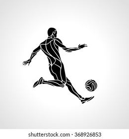 Soccer or football player kicks the ball. Vector silhouette